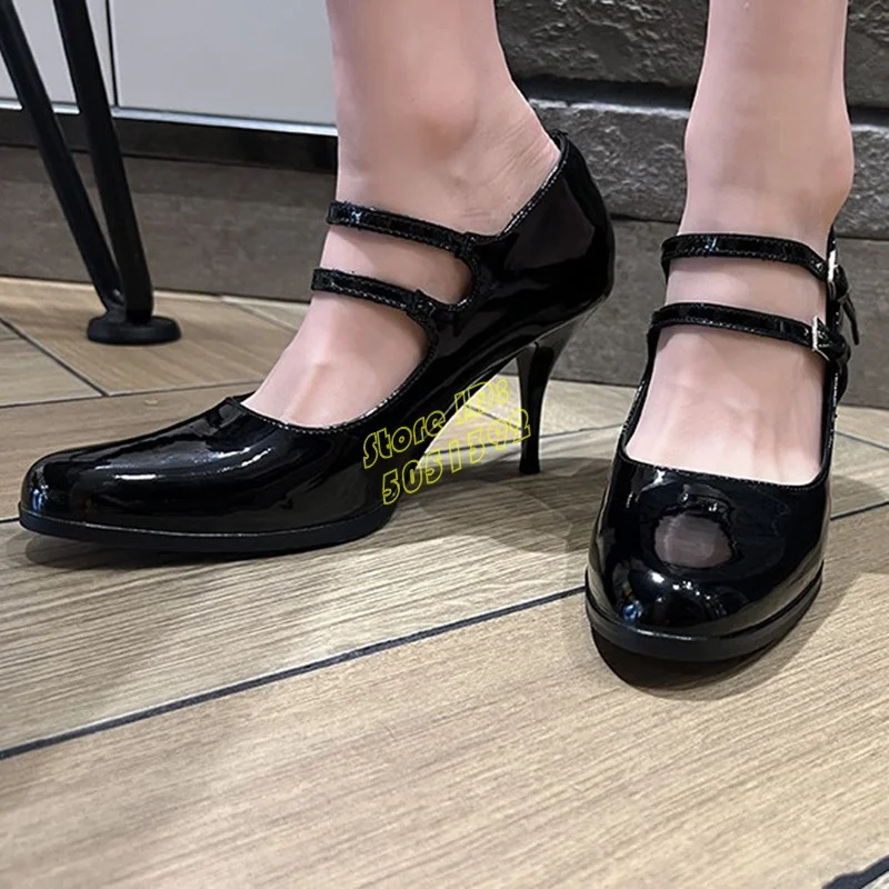 

Black Patent Leather Square Toe Pumps Double Buckle Strap Thin High Heel Runway 2026 Summer Spring Women Dress Shoes Handmade