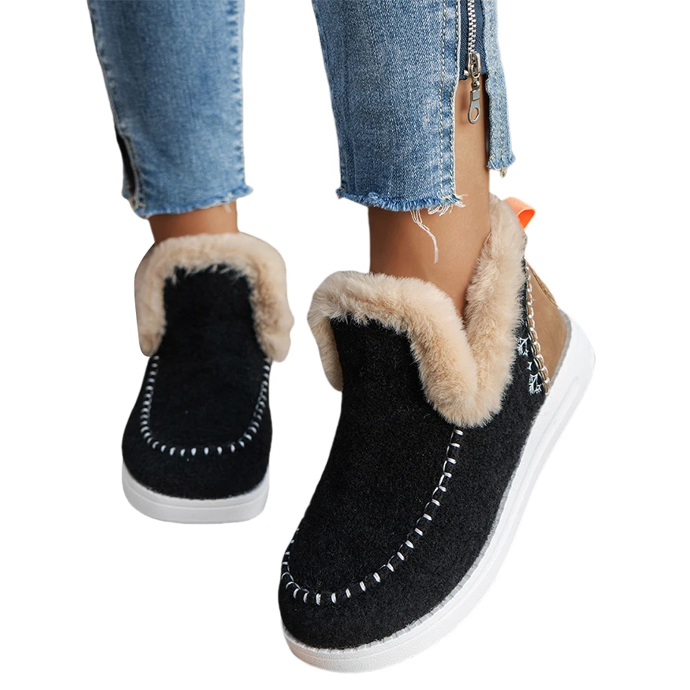 

Women Plush Shoes Slip On Booties Faux Fur Lining Flat Footwear Round Toe Fluffy Winter Slippers Non Slip for for Indoor Outdoor