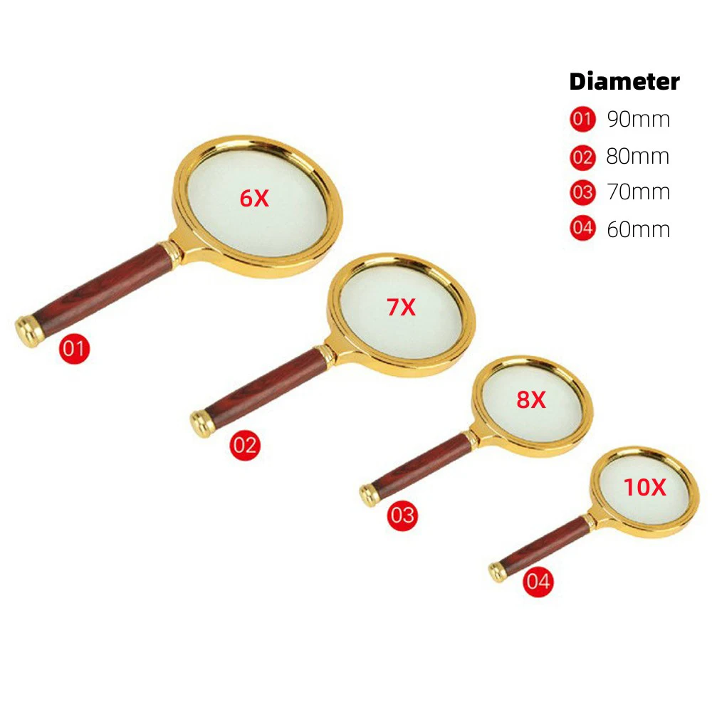 Handheld magnifier 10x imitation mahogany handle gold plated reading magnifier, suitable for reading books, coins, insects