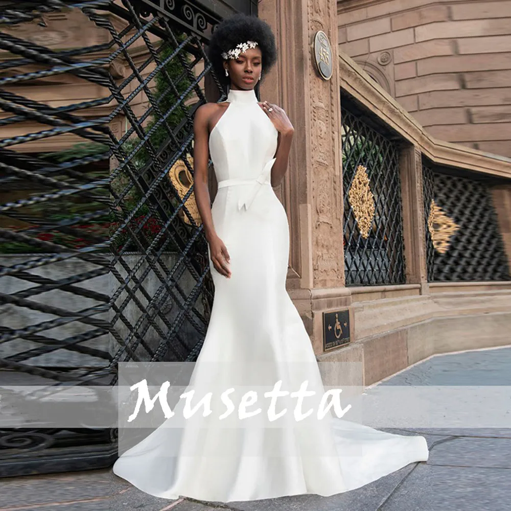 

Musetta Simple Halter Mermaid Bow Belt Satin Wedding Dress Sleeveless Backless Bridal Gown Court Train Civil Vestido De Novia