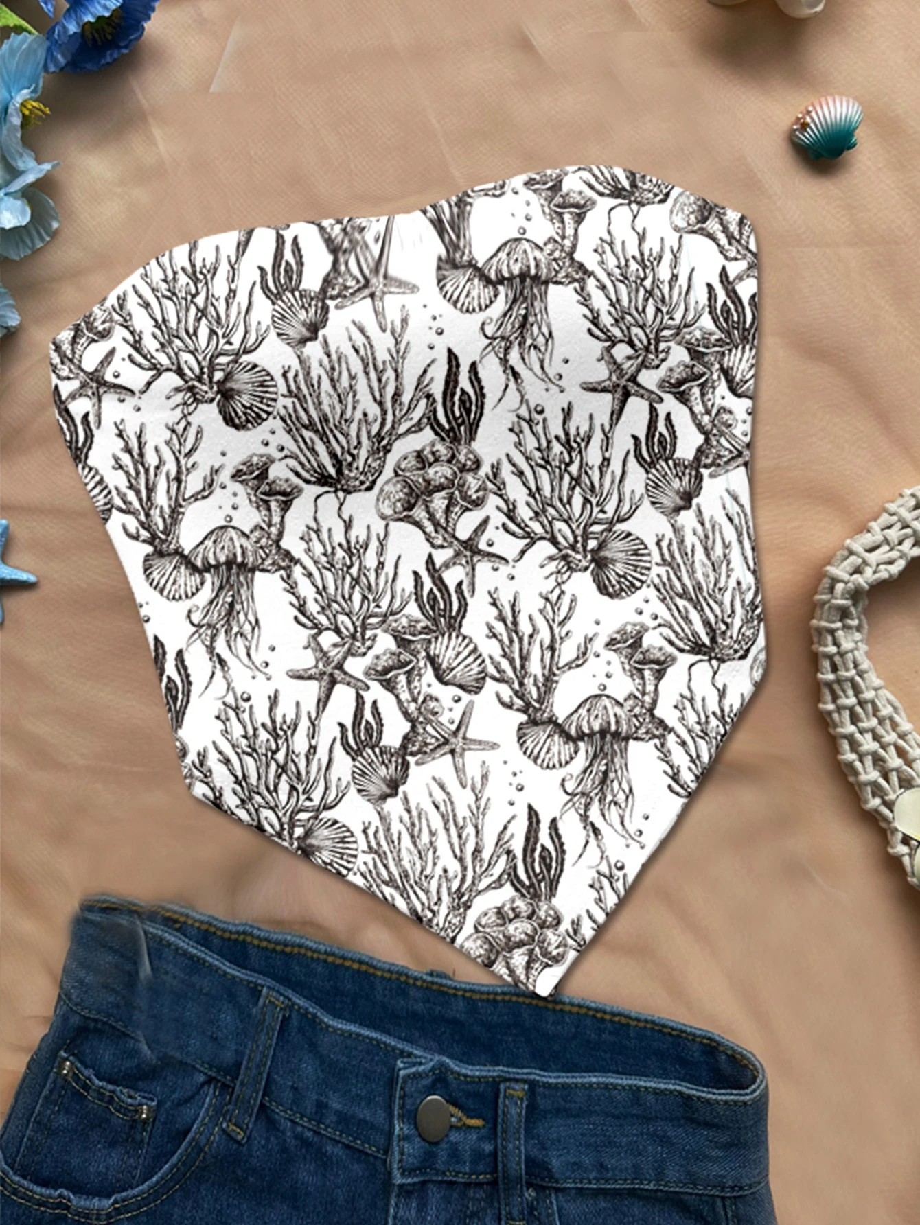 

Женские весенне-летние пляжные тропические наряды в стиле бохо для отдыха, облегающие черные укороченные топы-бюстье с морским принтом