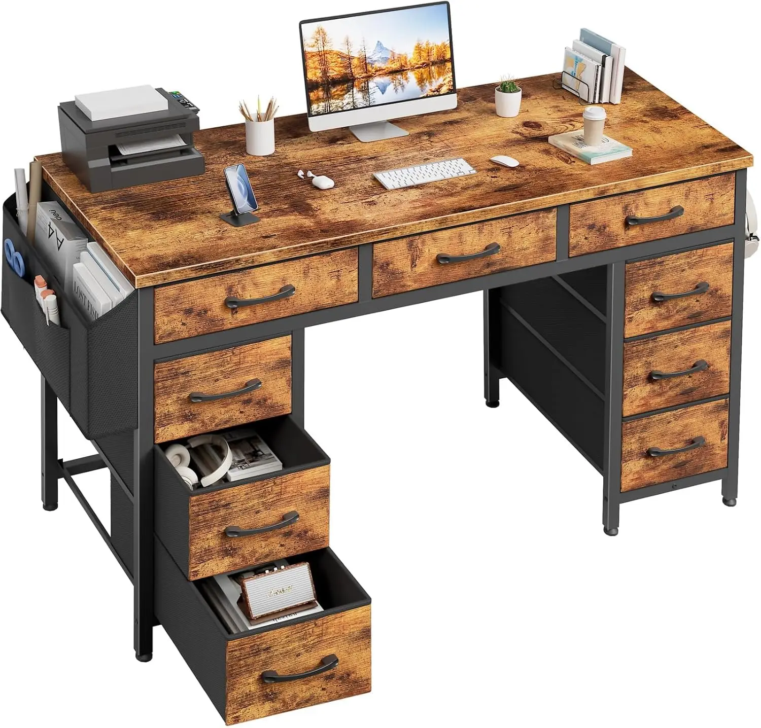 

47 Inch Computer Desk with 9 Drawers, Rustic Brown Home Office Work Desk