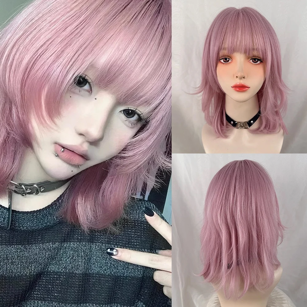 

Mullet Head Synthetic Short Straight Wig Pink Fluffy Women Heat Resistant Wig for Lolita Cosplay Daily Party