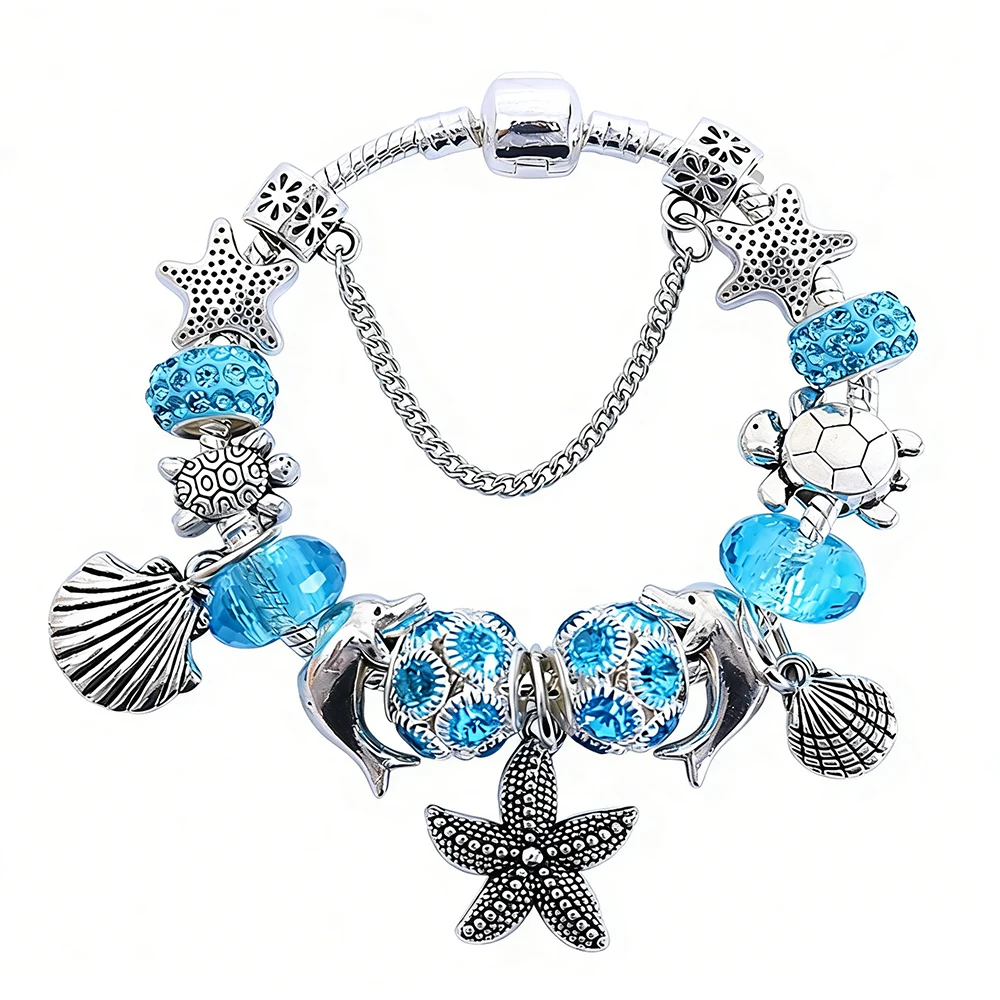 Ocean Style Blue Crystal DIY Charm Bracelets Antique Silver 