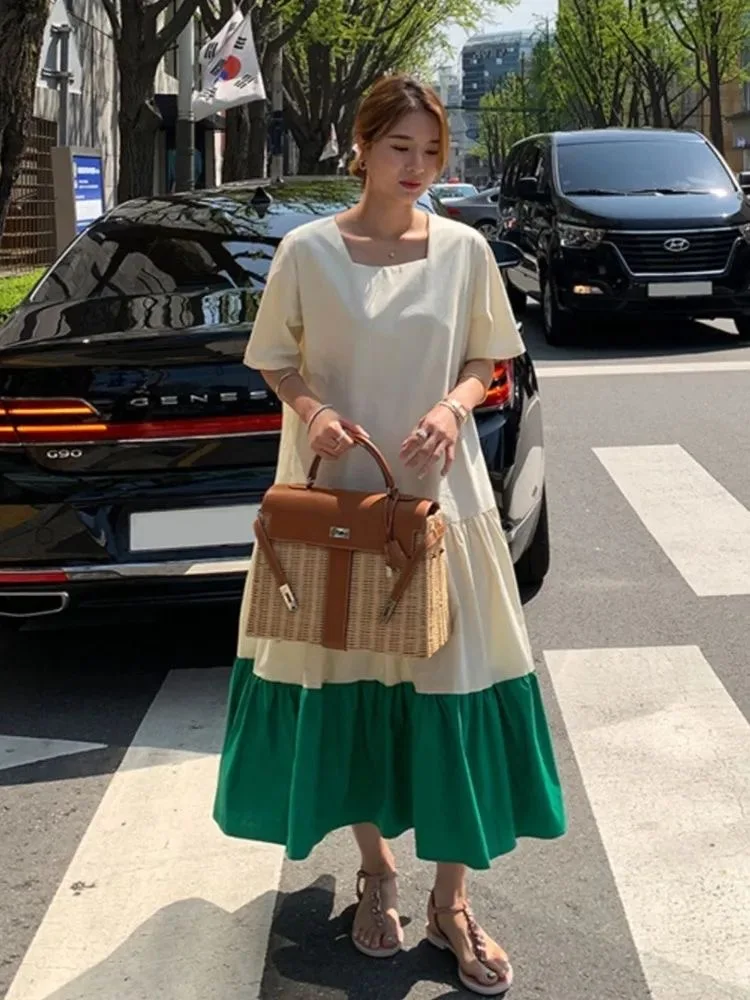 T-shirt grande taille Dr été, ample, couvrant le ventre, amincissant, décontracté, queue de Fi, jupe longue, col carré, ourlet à volants, coréen