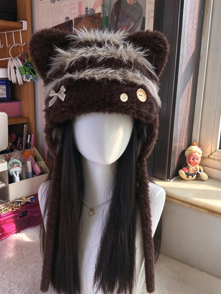 Women Lovely Faux Fur Ear Protection Hat Winter Thick Fluffy Cap Outdoor Wind Resistant Thermal Headgear For Daily Street Wear