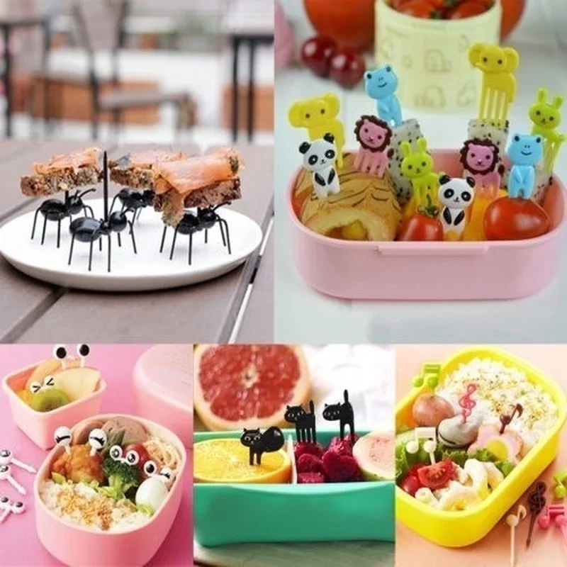 Novelty Plastic Cartoon Animals Ants Cats Musical Note Shape Food Fruit Fork Picks Set For Party Cake Dessert Bento Accessories
