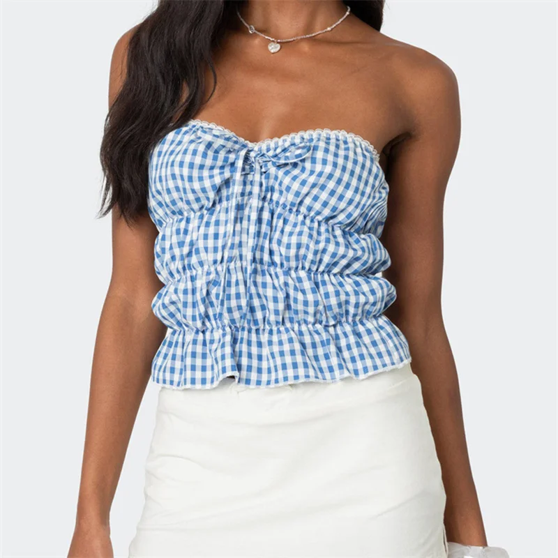 Vrouwen Rode Gingham Patroon Tube Tops Kant Voorkant Vastbinden Strapless Open Rug Crop Tops Y 2K Bandeau Slim Fit Cropped Tanks