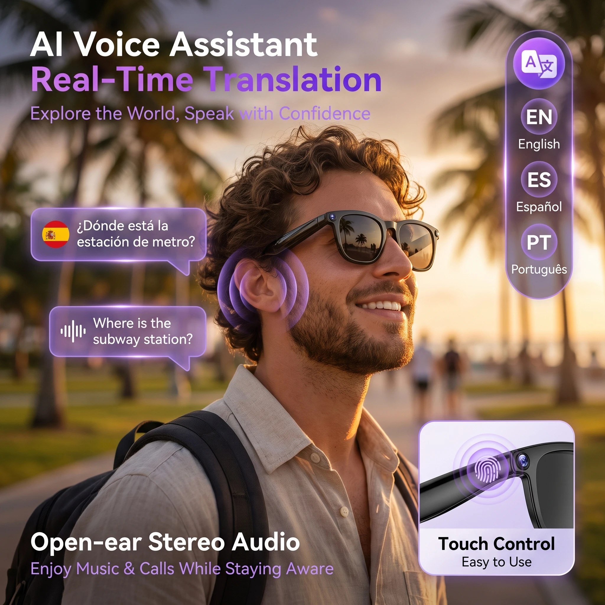 800W HD Camera AI Smart Glasses Real-Time Translation Open Ear Audio Bluetooth Sunglasses Handsfree Call Video Photo Polarized E