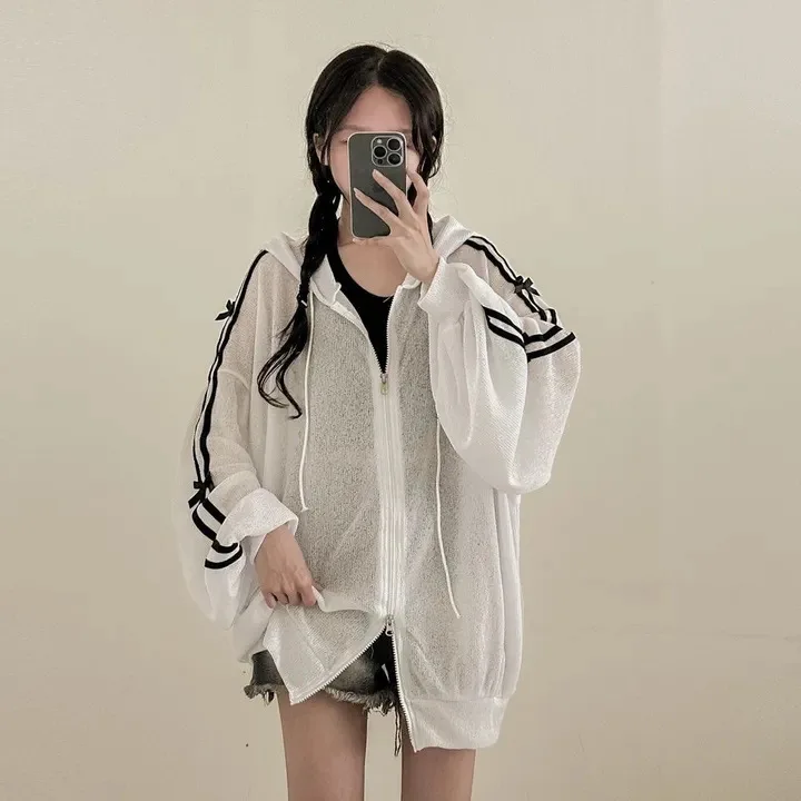 Plus Size Women Hooded Sun Protection Summer Thin Loose Slimming Breathable Cardigan Top Trendy White Sunscreen Long Sleeve