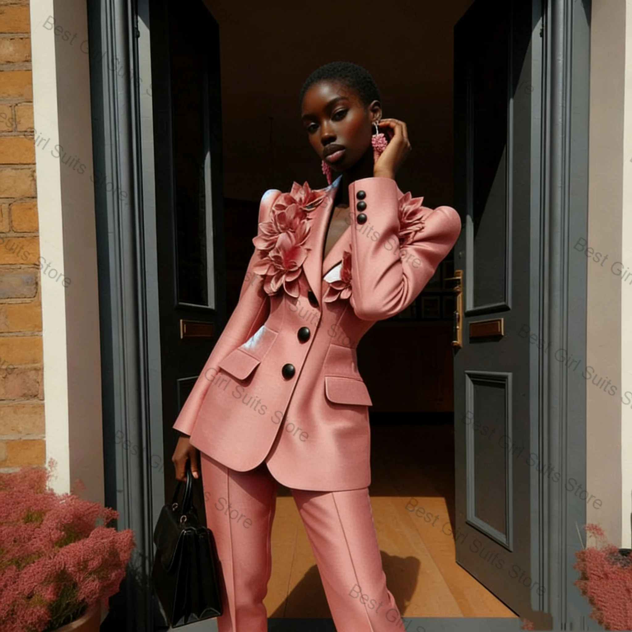

Pink Women Suit Set 2 Piece Blazer+Pants Trousers 3D Flower Cotton Spring Formal Office Lady Jacket Customized Wedding Coat