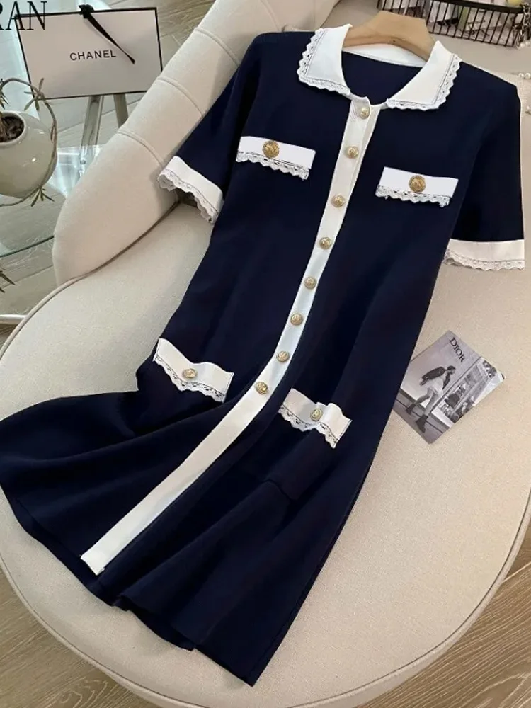 2024 New Summer Vintage Knitted Dress Women Contrast Color Turn-down Collar Single Breasted Short Sleeve Dresses Ladies Vestidos