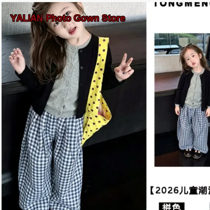 Girls Two-Piece Set Autumn Stylish Fake Two-Piece Knit Blue Plaid Casual Pants Suit