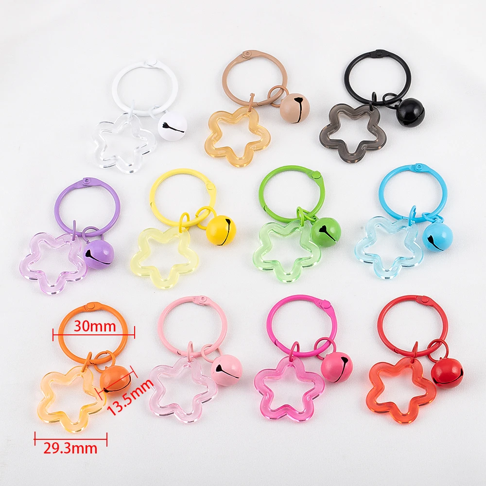 10pcs Metal Keychain With Open Ring Buckle Star Bells Pendant Colored Keyrings For Diy Jewelry Making Key Ring Accessories Craft