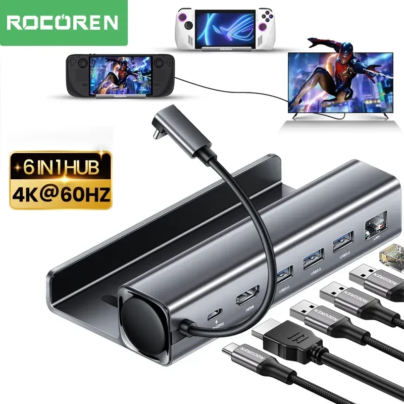 Rocoren 스팀 데크 도킹 스테이션, 6 in 1 USB C 허브, HDMI 호환 4K60Hz RJ45 독, 스팀데크 닌텐도 스위치 ASUS 로그 앨리용