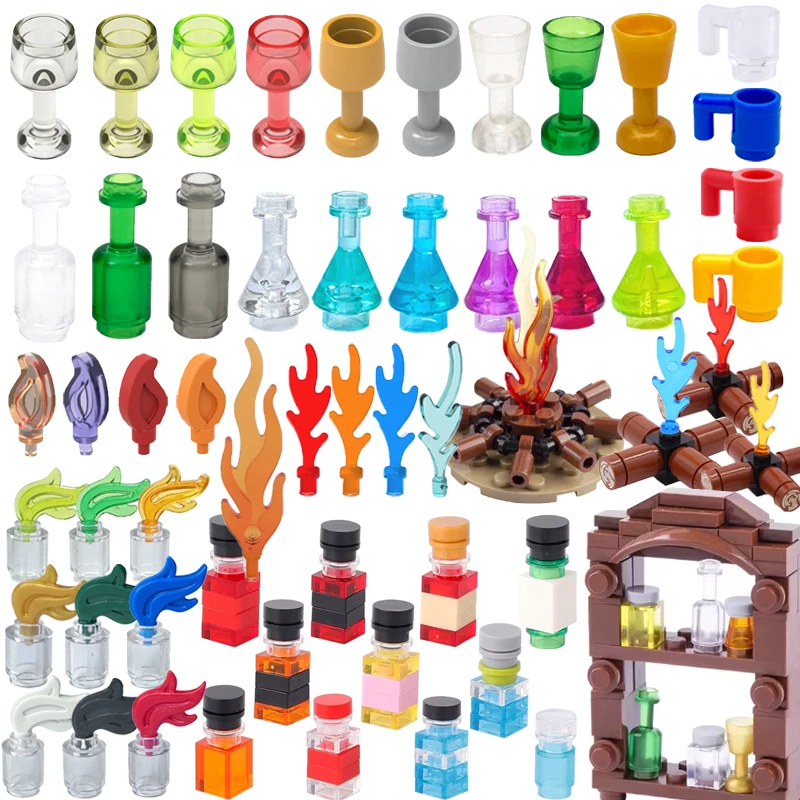 MOC Stad Scène Accessoires Bouwstenen Middeleeuws Vreugdevuur Vlam Wijnfles Reagensfles Doos Compatibel Mini Bakstenen Speelgoed T11