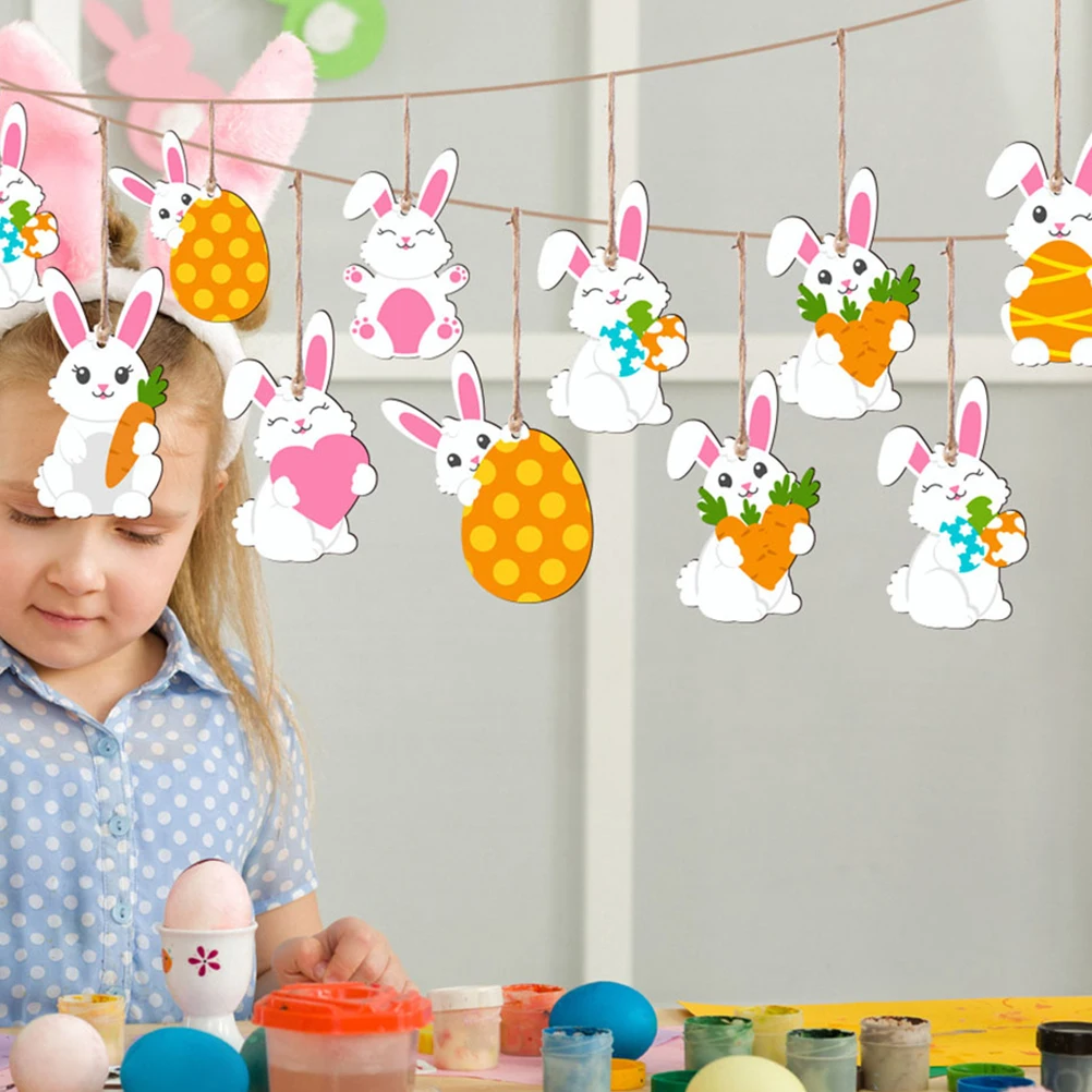 

48 Pcs Rabbit Wooden nament H made Easter Hanging Decoration for Easter Bunny Decoration Home Festive Tree Pendant