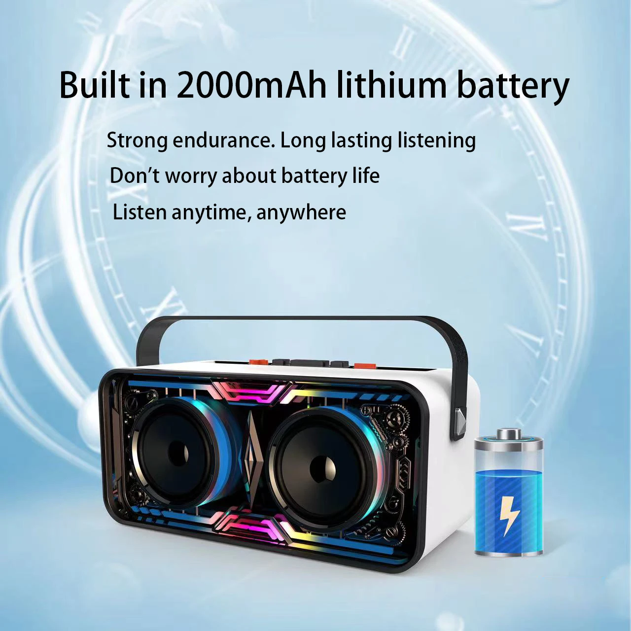 Bluetooth多機能ワイヤレス充電スピーカー,FM TFカード,音楽プレーヤー,TWSステレオ,家庭用Hi-Fiサウンド,RGBライト,透明メカ