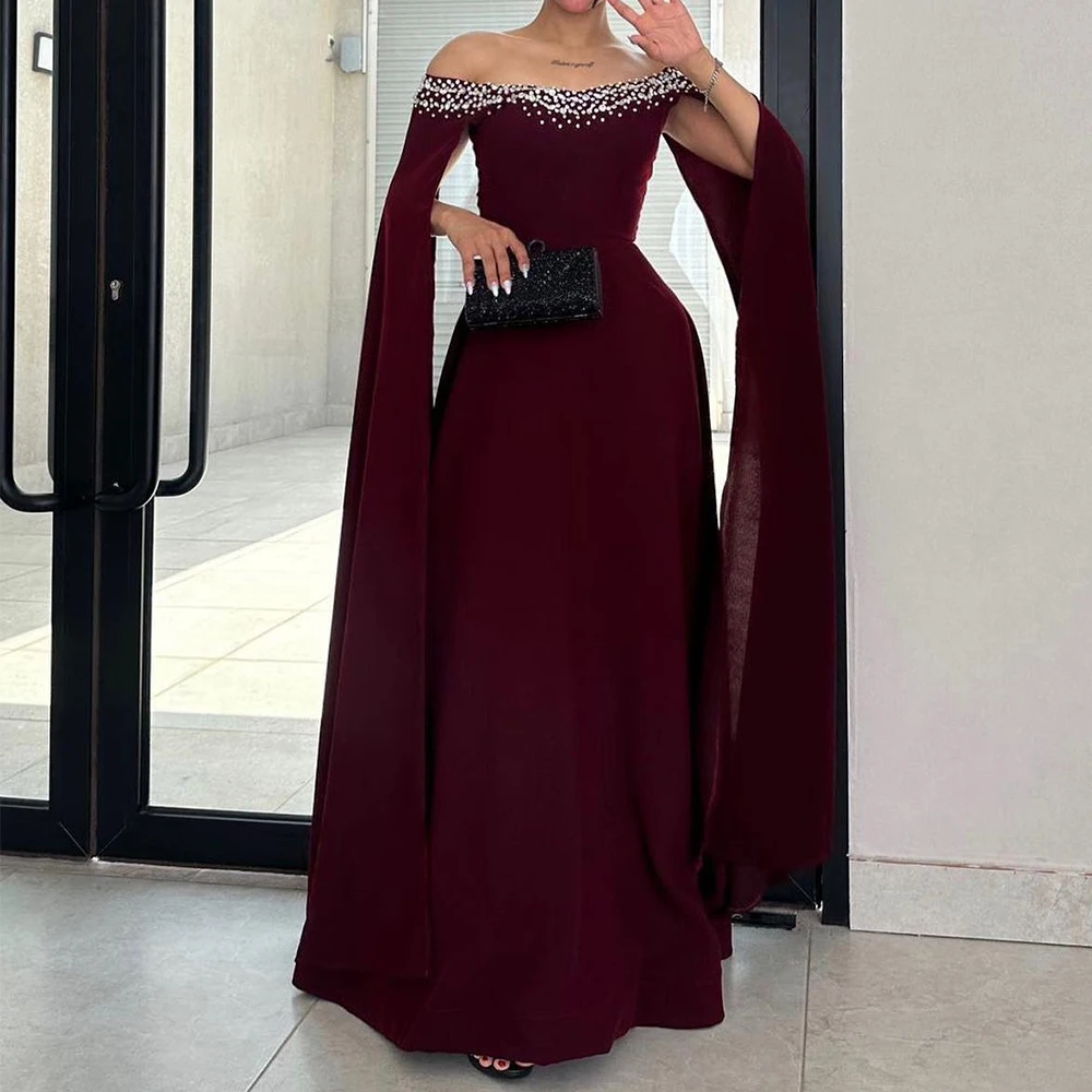 

Customized Modern Jersey A-Line Off the Shoulder Crystal Evening Dress Boat Neck Sleeveless Burgundy Watteau Train Luxury