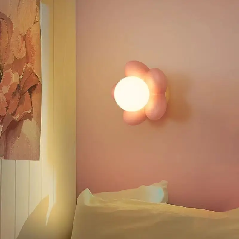 Children's Room Wall Lamp Pink Girls Creative Wooden Base Resin Flower Wall Lights  for Bedroom Princess Background Sconces Deco