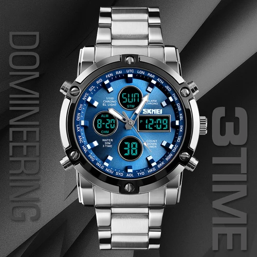 Imagen 2 del producto Reloj de pulsera Skmei de cuarzo con correa de acero completo para hombre, pantalla de luz trasera de 3 horas, relojes digitales, reloj de cuenta atrás, reloj Masculino