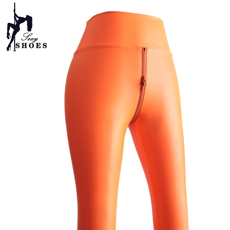 Leggings de couro PU de cintura alta feminina, calça lápis fina, fecho duplo, calça de cintura aberta, bodycon sexy, stretch, boate