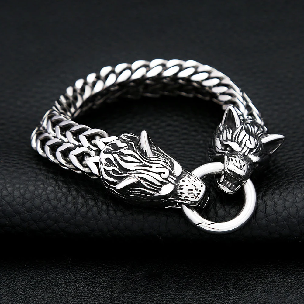 

Vintage Stainless Steel Double Wolf Head Bracelet Punk Hip Hop Silvery Mesh Chains For Men Fashion Motorcycle Jewelry Never Fade