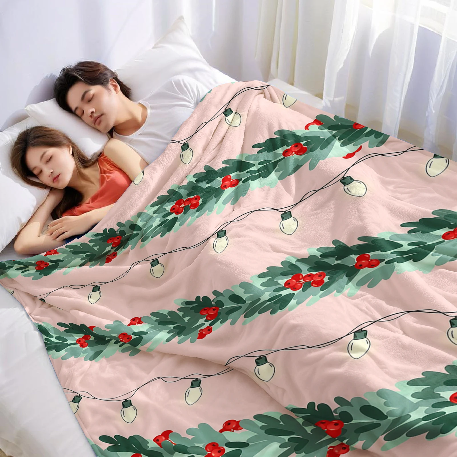 Christmas Garland Light Ultra Soft Sherpa Fleece Blanket Fluffy Warm Halloween Cozy Throw for Sofa Couch Bedroom Gift All season