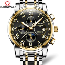 Carnival Brand Multifunction Moon Phase Mechanical Watch for Men Stainless Steel Waterproof Calendar Week Automatic Watches Mens