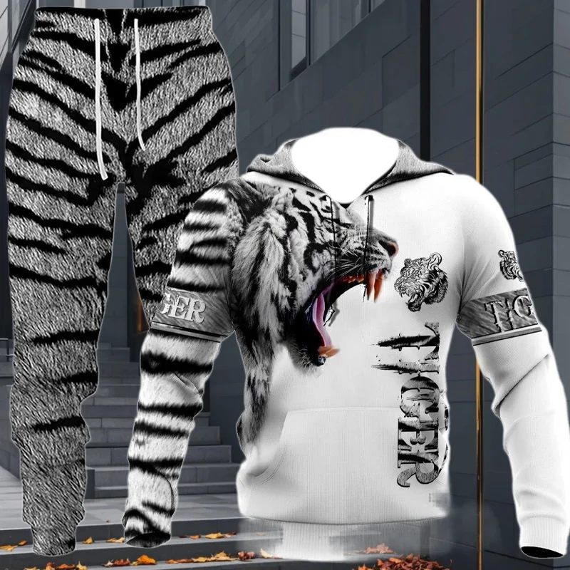 

Осенний костюм с капюшоном с 3D принтом животных, тигра, волка, мужские толстовки, спортивные штаны, повседневный модный спортивный костюм из двух предметов, мужская одежда