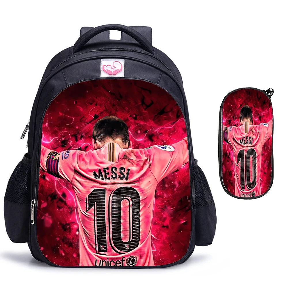 Mochila con estampado de estrellas de fútbol Messi para niños, morral escolar informal ligero de 16 pulgadas, mochila juvenil de dibujos animados de