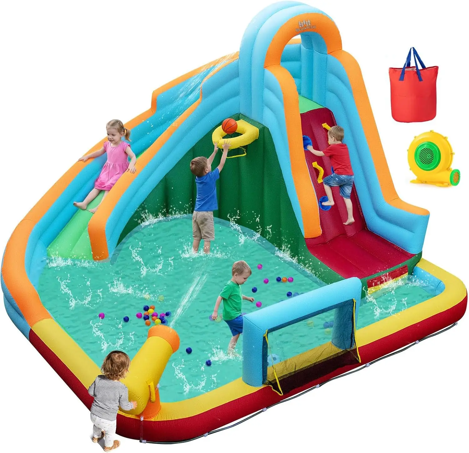 

Inflatable Water Park for Kids 3-12, 6-in-1 Backyard Water Slide with 680W Blower, Long Slide, Splash Pool, Soccer Goal - Blow Up Outdoor Party Gifts for Toddlers