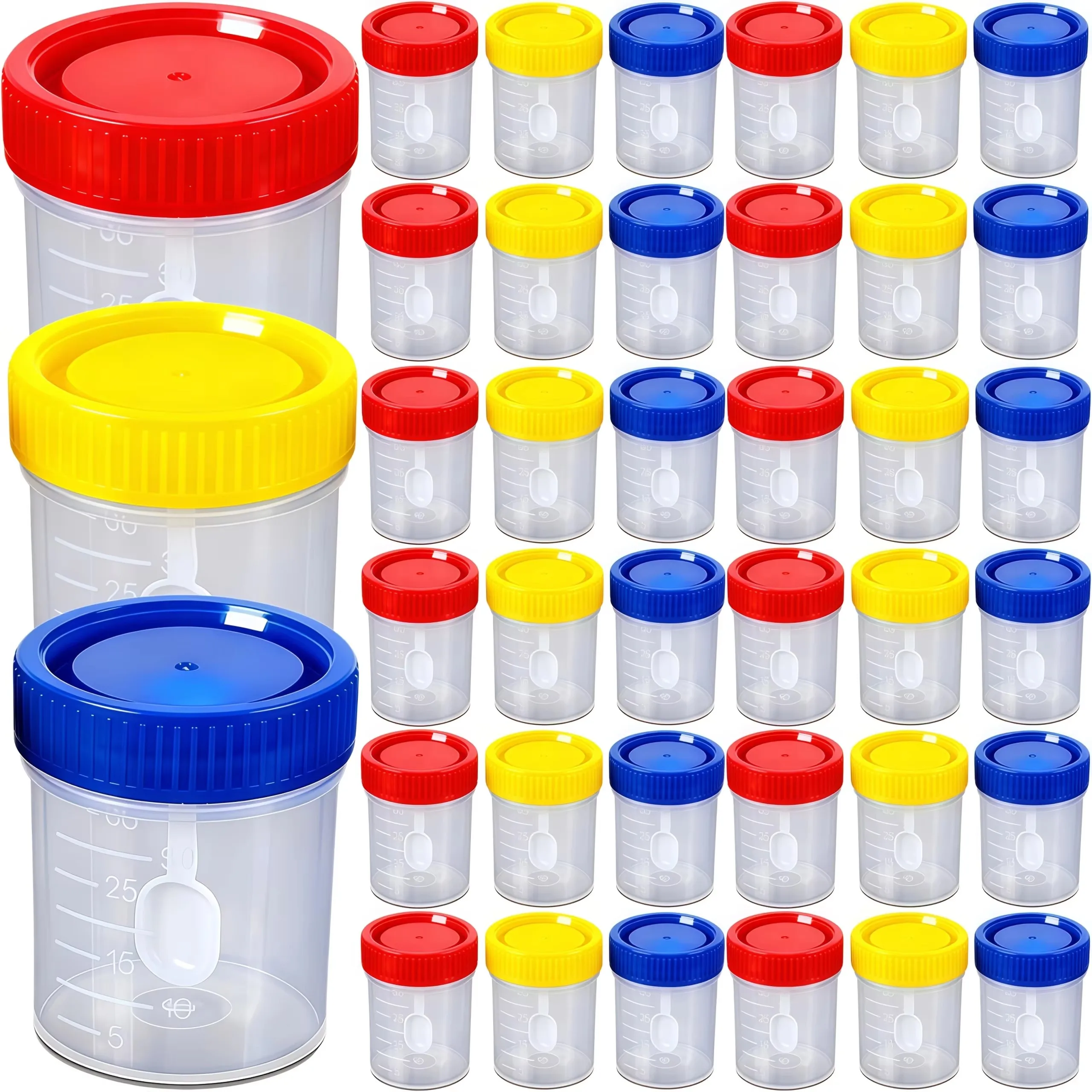 Portable 40ML Urine & Feces Specimen Cups, Red/Yellow/Blue Lab Test Sample Containers with Sampling Spoons for Medical Use 16PCS
