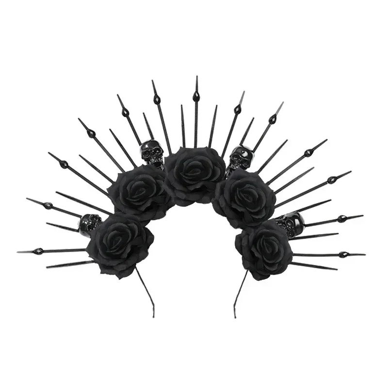 Gothic Black Halo Skeleton ดอกไม้ Sunburst Spike Headpiece สําหรับผู้หญิงฮาโลวีน Queen อุปกรณ์เสริมผมปาร์ตี้คอสเพลย์