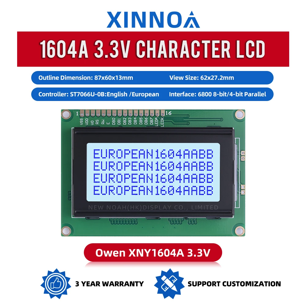 European Gray Film Blue Letters 1604A 3.3V Character 1604 04*16 16PIN ST7066U Industrial Computer Character Dot Matrix Screen