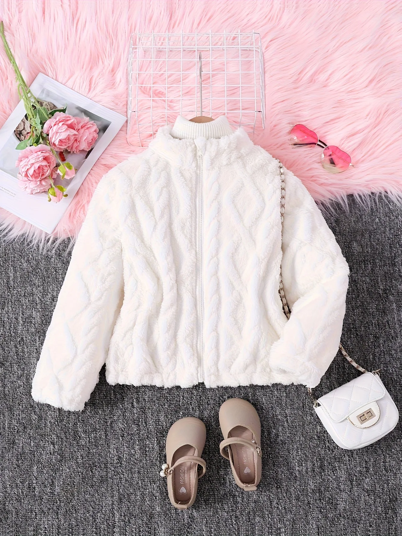 4-12Y Girls Stand Collar Zip up Plush Fleece Jacket White Kids Winter Warm Short Casual Outerwear