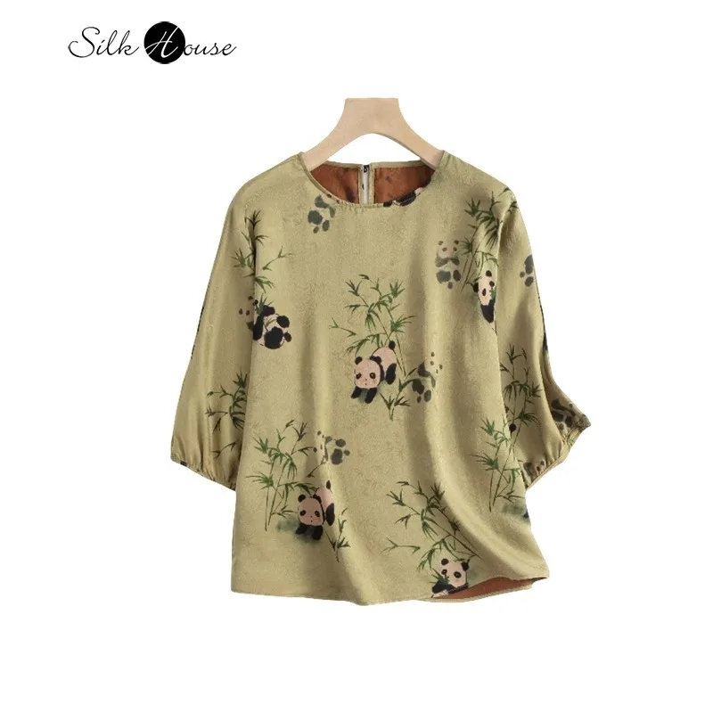 

Raglan Three-quarter Lantern Sleeve 100% Natural Mulberry Silk Fragrant Cloud Gauze Panda Hugging Bamboo Printed Round Neck Top