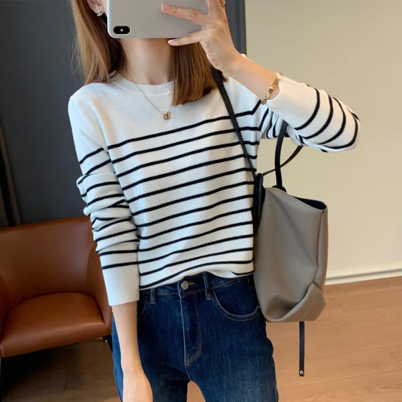 

Long Sve Striped Knit Sweater round Ne Overhead Versatile Brand Tailend Single Piece Commute Sle Korean Faion Camere