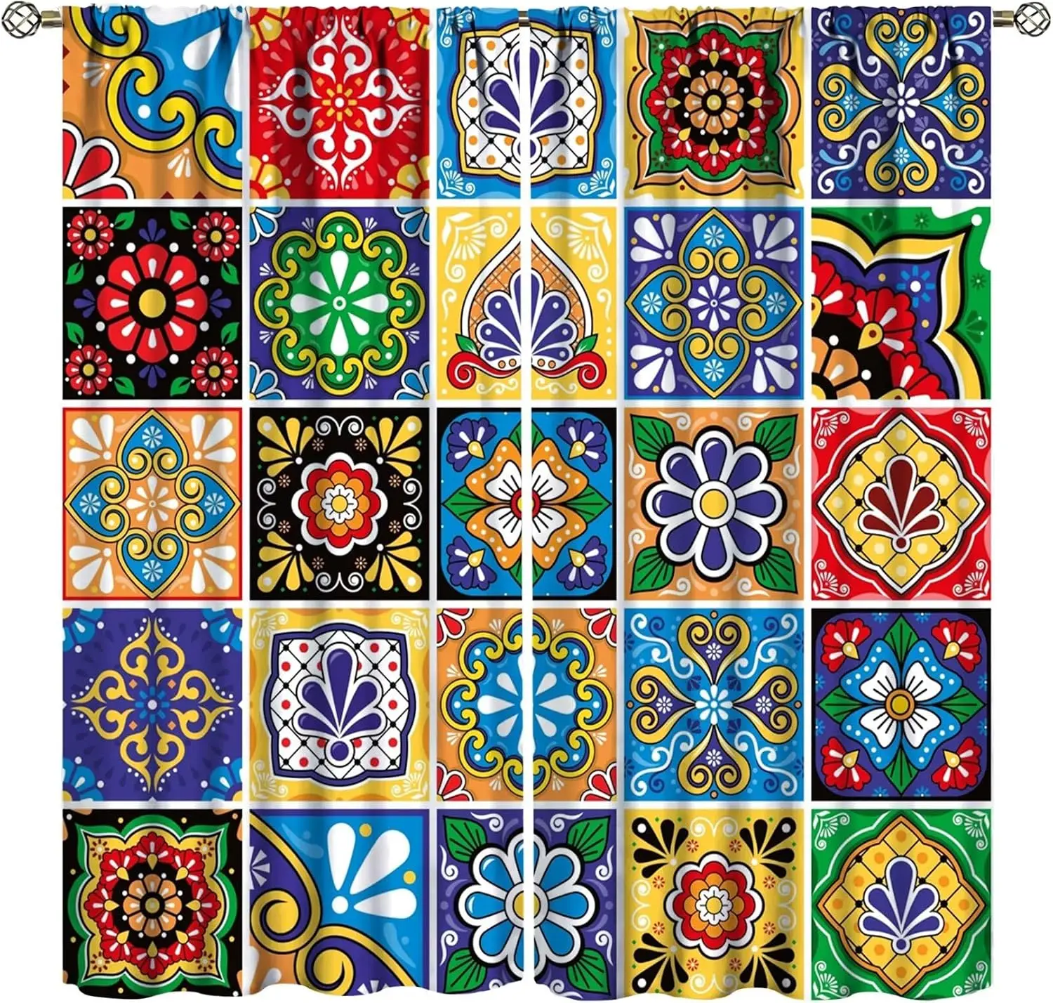 Vintage Talavera Tile Curtain 2 Panels, Bright Mixed Floral Ornament Square Tile Grid Pattern White Base For Kitchen Curtain