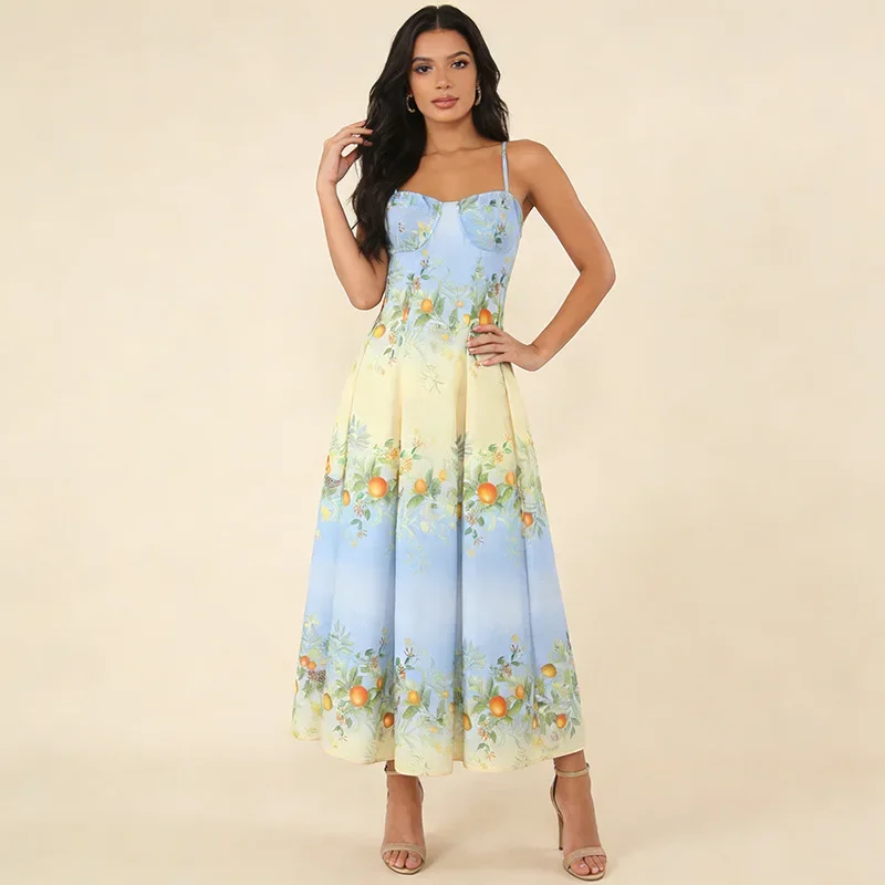 

Элегантное приталенное длинное платье с принтом, на тонких бретельках, с вырезом «сердечко», без рукавов, А-силуэт, на бретельках, для отпуска, модное, трендовое, для солнечной погоды