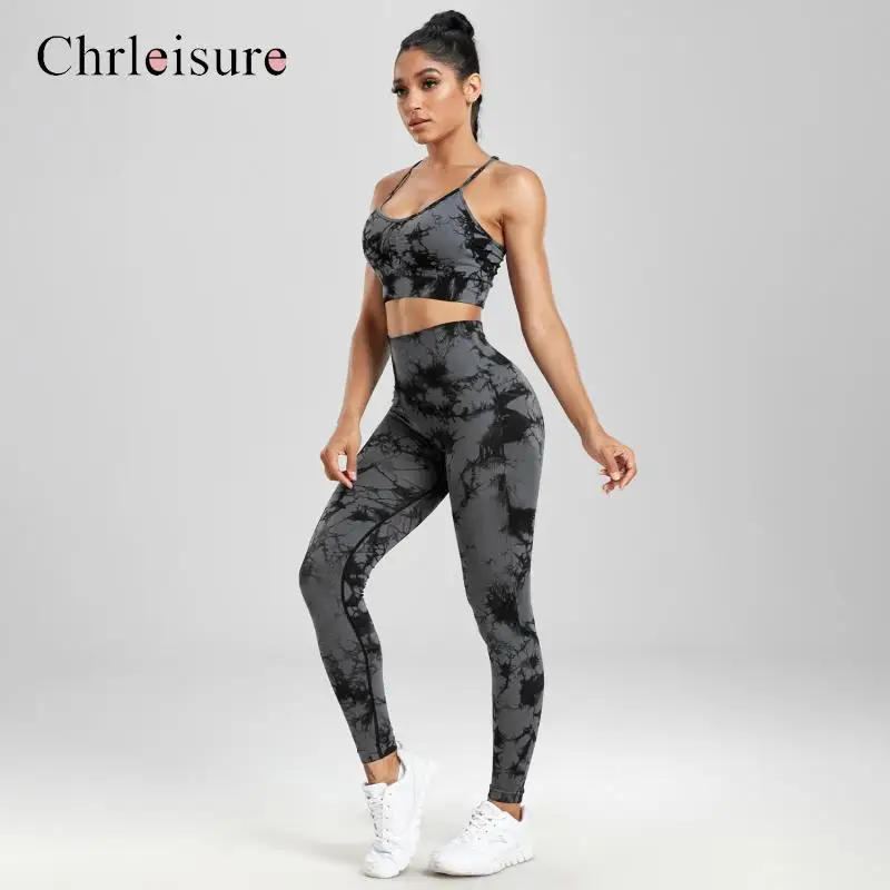 CHRLEISURE 1/2/3Pcs Tie Dye Pants Sets Women Seamless Outfits Tracksuit Summer Female Short Sets Woman Gym Tank Top