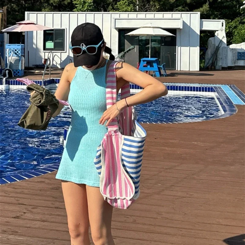 South Korea Ins Sweet Open Back Knitting Skirt One-Piece Swimsuit Female 2024 New Arrival Belly Covering Slim Looking Vacatio