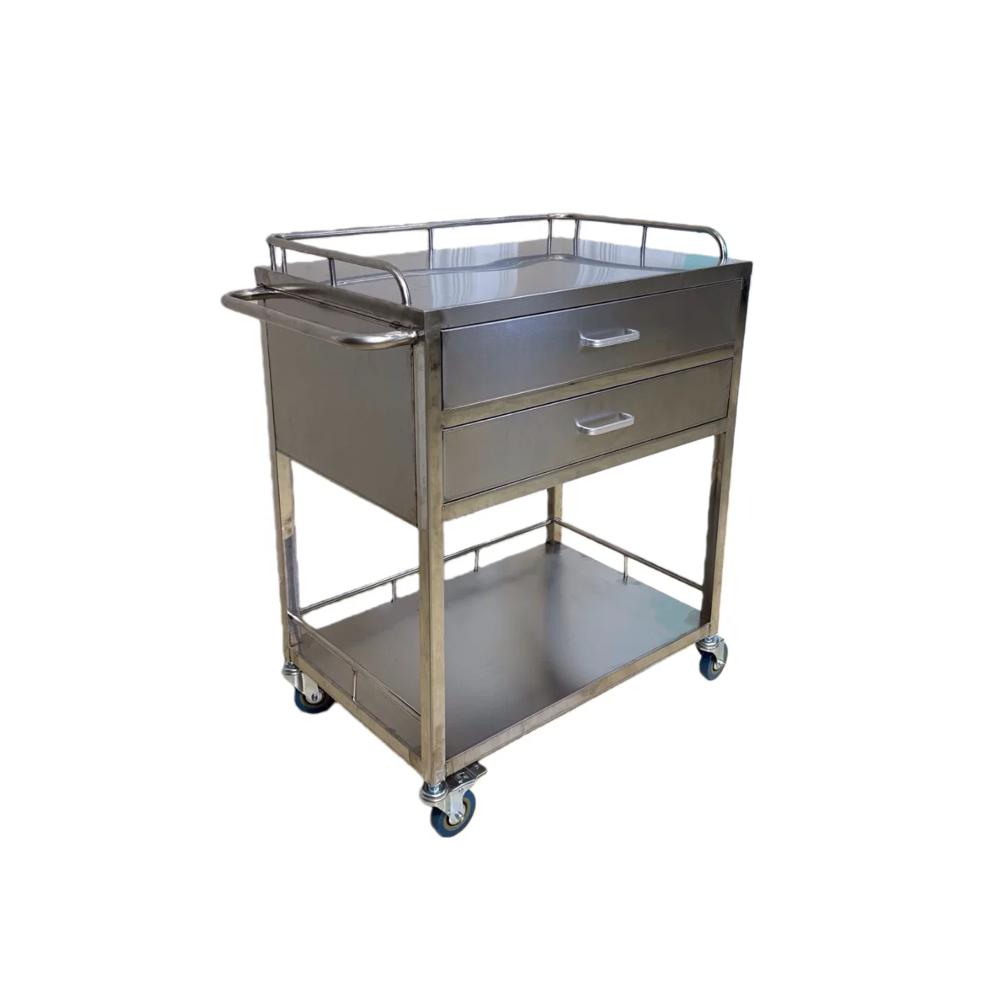 Clinic Hospital Beauty Salon Medical Stainless Steel Hand Cart with 2 Drawers 4 Castors Durable Commercial Furniture
