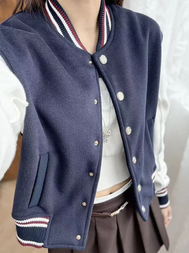 

2025 Autumn Winter New Casual Baseball Jacket Women Loose Stand Collar Contrast Spliced Sleeve All-match Coat Ladies