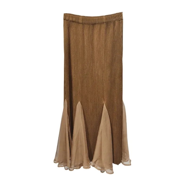 Miyake meia saia plissada 2025 outono inverno engrossado fishtail saia elegante commuter halter design simples emenda sólida jupe