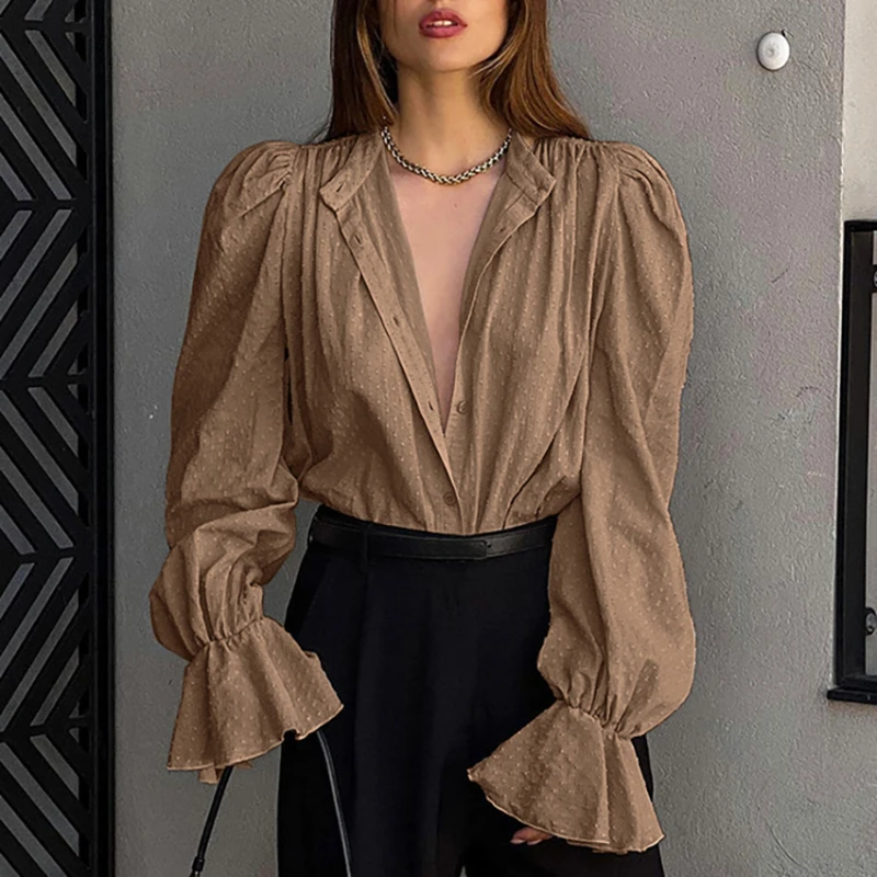 2024 Autumn French Jacquard Puffy Sleeve Shirt Design Sense Of Niche Casual Fashion Temperament Commuter Women