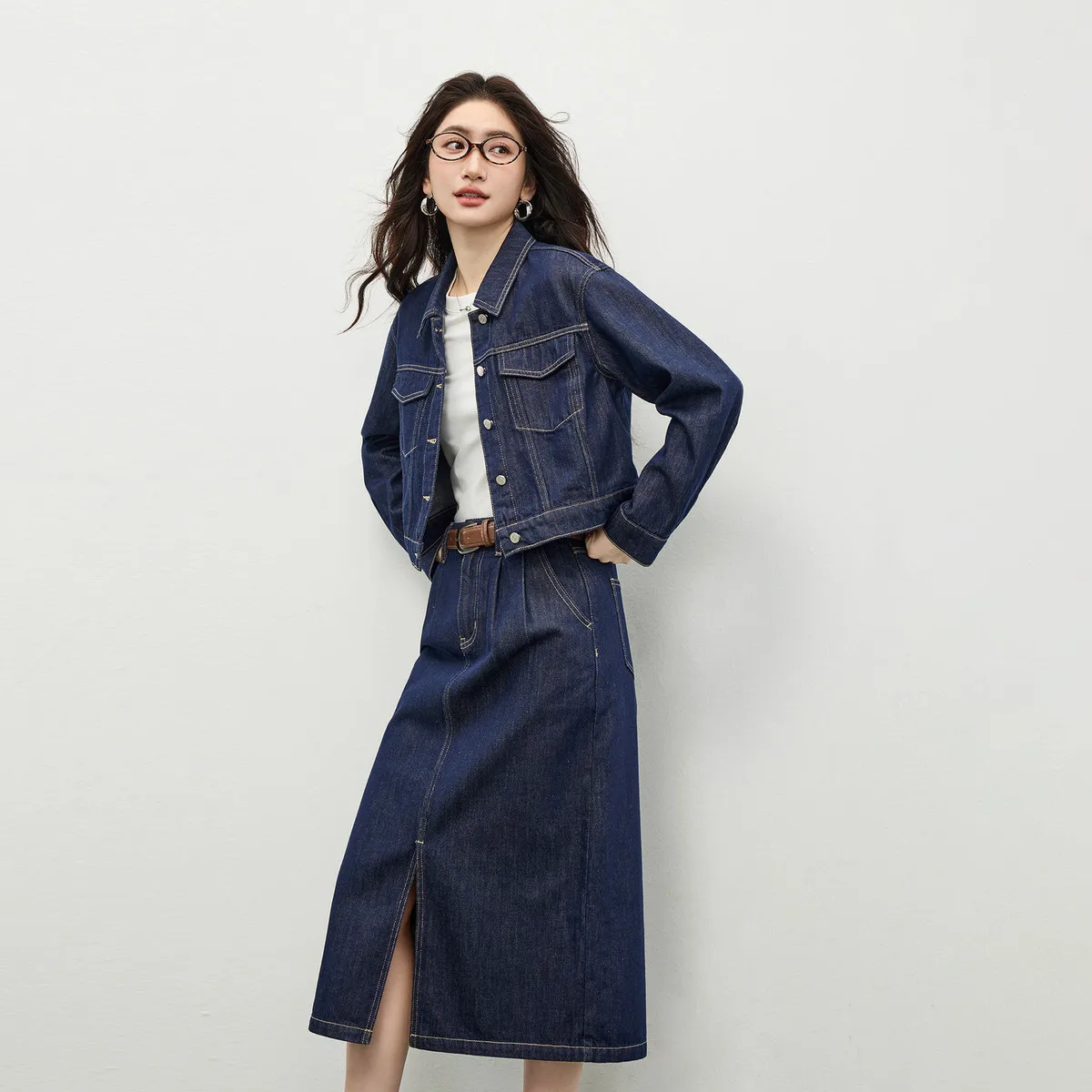 

SENTUBILA Women's Denim Set 2026 Spring Lapel Short Jacket A-line Midi Skirt Suit Fashion 2 Pieces Sets Outfits W61ZD6665Z