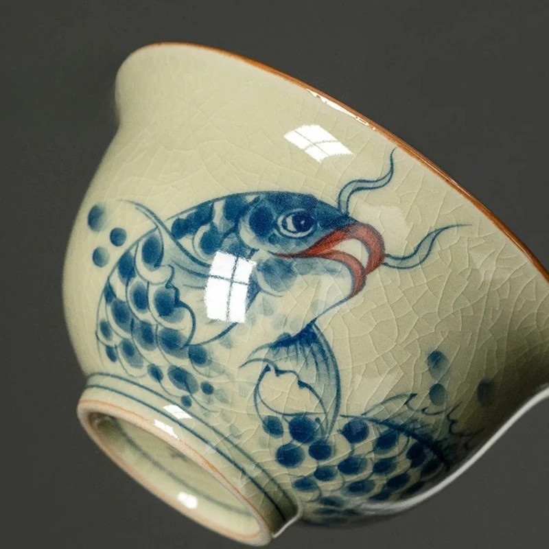 155ml Hand-painted Pottery Clay Gaiwan Ru Porcelain Fish Dargon Bowls Tea Tureen Tea Maker Cover Bowl Jingdezhen Tea Items Gift