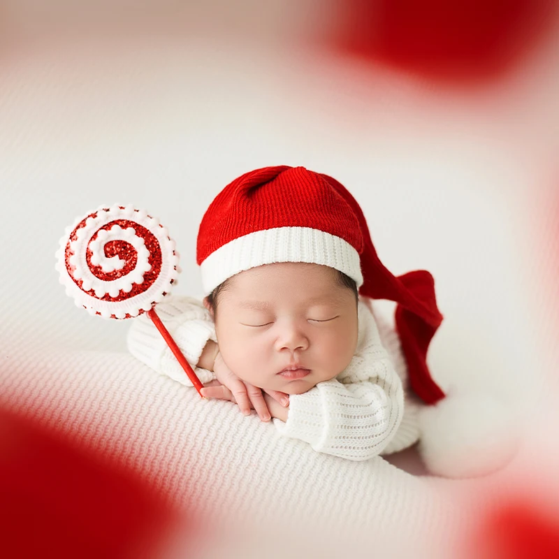 Baby gebreide romper + kerstmuts, pasgeboren kerst fotografie outfit, gigantische snoepgoed kussen lolly decor voor baby fotoshoots