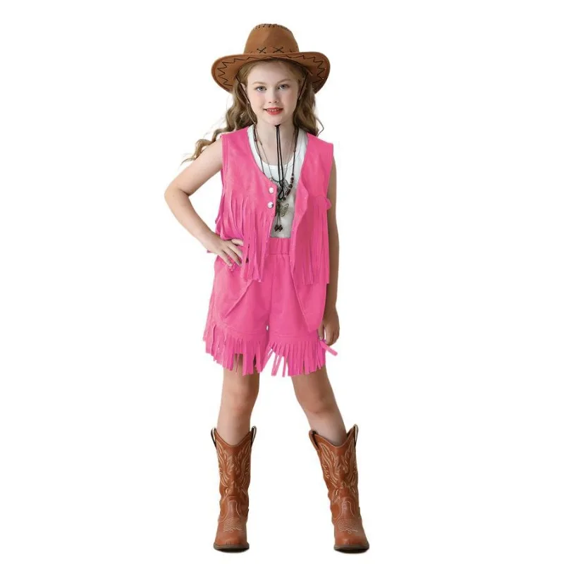 New Carnival Cosplay Costume Tassel Vest Deerskin Western Denim Shorts Theme Party Role Playing Outfit for 8 Years Old and Above view 4
